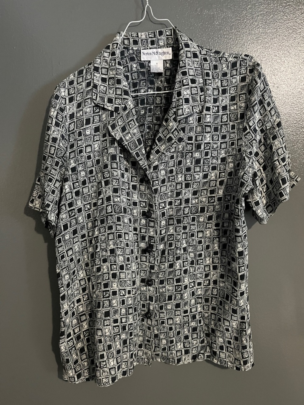 Vintage Silk Grandma Black & White Geometric Short Sleeve Blouse